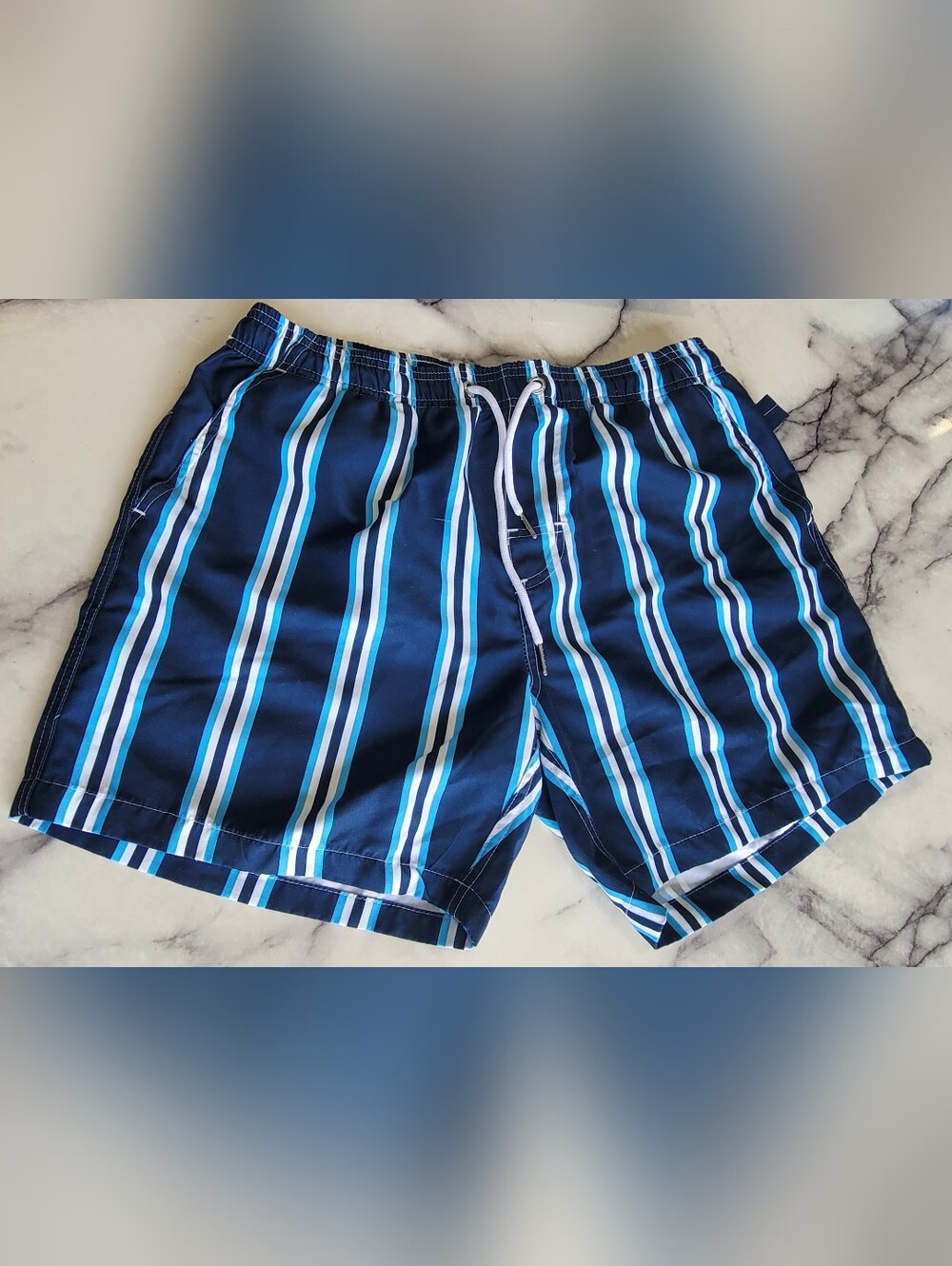 Vacay Swimwear Striped Boardshorts Navy Blue Size L
